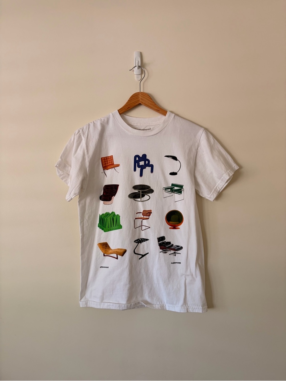 White Short-Sleeve Graphic Tee with Multicolor Chair Print